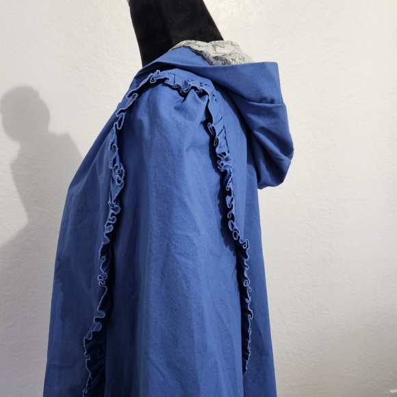 DEBORAH LYONS Blue Ruffled Memphis Cape Coat Hooded Jacket Sz 8 Rain Cottagecore - Picture 10 of 16